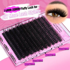 Fluffy Lash Clusters Thick 200D Volume Eyelash Clusters 14-20mm Wispy Individual Lashes D Curly 240pcs DIY Lash Extension for Beginners